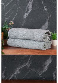 Resim Ayak İzi Desenli 2li Ayak Havlusu - 50x70 Cm - Su Emici Banyo Paspası Seti - Gri Gri 