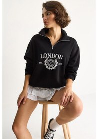 Resim Shade Kadın London İşlemeli Dik Yaka Fermuar Detaylı Şardonlu Oversize Sweatshirt 10003 60283529 - Siyah 