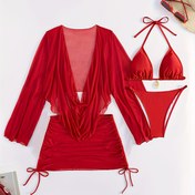 Resim Kadınlar için 4 adet Seksi Bikini Seti - Yüksek Esneklikli Kumaş, Düz Renk, Kırmızı Sarong Dahil, İç Çamaşırı ve Toner, Bağcıklı Detay, Plaj veya Havuz Kenarı için Mükemmel 