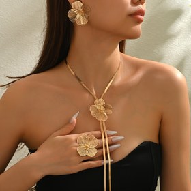 Resim 4 Parça Yazlık Yeni Yaratıcı Uzun Püskül Y Şekilli Çiçekli Moda Basit Zarif Kolye ve Küpe Seti 