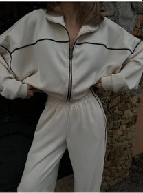 Resim Fermuarlı Eşofman Pantolon İkili Takım - Beyaz Siyah 