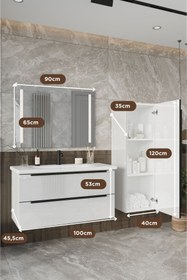 Resim BALNEOM Banyo Kadife Beyaz Parlak Hıgh Gloss %100 Mdf 100 Cm Banyo Dolabı Ledli Aynalı Üst Dolap Boy Dolabı 
