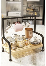 Resim Masaüstü Mutfak Rafı Düzenleyici Kahve Fincanı Kupa Bardak Askısı 6 Kancalı Ahşap Raf Organizer 