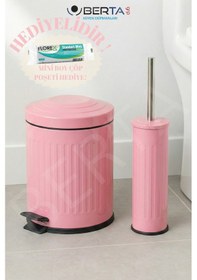 Resim Vintage Banyo Seti Beyaz Çöp Kovası 5lt Tuvalet Fırçası Lüks Model - Mini Boy Çöp Poşeti Hediyelidir Pembe 