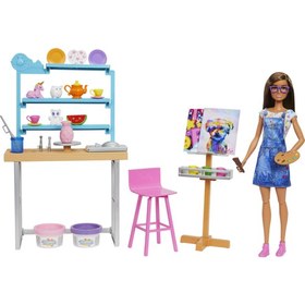 Resim Barbie Barbie'Nin Sanat Atölyesi, Barbie Bebek (29 Cm), Çömlek Yapımı Ve Resim Sanatı İçin 25'Ten Fazla Aksesuar, Oyun Hamuru, Vazo Kalıbı, Tuvaller Ve Daha Fazlası, 3-7 Yaş Arası Hcm85 