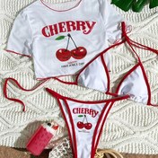 Resim Kadınların Yüksek Elastikiyetli Sevimli Kiraz Konumlandırma Baskılı 3'lü Set, Ayarlanabilir Bağlıklı Seksi Bikini Üst Seti, Seksi Mayo, Yarı Şeffaf Güneş Kremi Üst, Plaj Örtüsü, Plaj Tatili, Canlı Yaz Mayo Seti 
