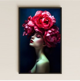 Resim Kırmızı Güllü Kadın Portresi Temalı Güçlü Sanatsal Pleksi Tablo 