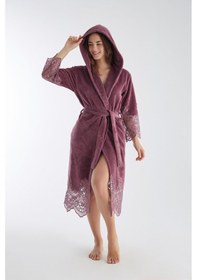 Resim Dantelli Uzun Kapüşonlu Triga Bambu Cotton Bayan Bornoz Gül Kurusu 