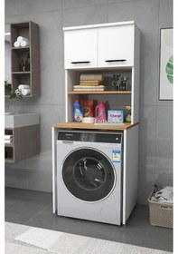 Resim Dragon Çamaşır Makinesi Dolabı Kurutma Makinesi 3 Raflı 2 Kapaklı Banyo Dolabı - Beyaz Çam Beyaz - Çam 