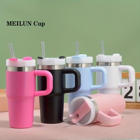 Resim 1 adet 304 Paslanmaz Çelik Çift Katmanlı Vakumlu İzoleli Bardak, Tutma Kolu ve Pipet, 360° Dönebilen Kapak, Sevimli Stil, Araba Bardağı, Açık Hava Su Bardağı, Ev Kullanımı Kahve Bardağı, Meyve Su Bardağı, Desensiz, Çok Renkli, 14oz/410ml 