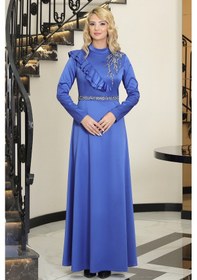 Resim Raika Moda Omuz Taş Baskı Şık Saten Ada Büyük Beden Tesettür Abiye İndigo 