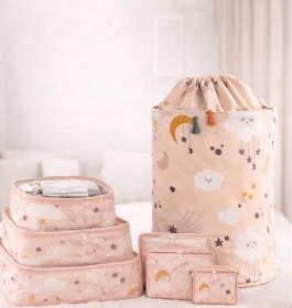 Resim Morbebe Bebek Kirli Çamaşır Sepeti Oyuncak Sepeti I 6'lı Set Desenli Bavul Valiz İçi Çok Amaçlı Organizer Pembe 