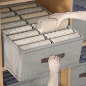 Resim 1 adet Modern Gri Linen Kıyafet Depolama Kutusu, 16 Bölümden Oluşan Çekmece Tarzı Organizer, Closet için Tasarruflu Faux Denim Kap, Kokusuz Polyester Lif, Boho Tarzı, Açılır Kapağı, Çok Amaçlı Kullanım, Gardırop Organizer | Modern Depolama Çözümü | Uygulamalı Tasarım, Gardırop Organizerları ve Depolama 