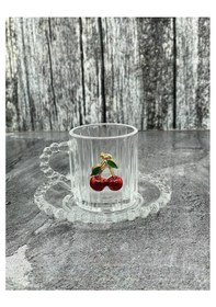 Resim 2 Kişilik Cam Boncuklu Kirazlı Kiraz Kahve Fincan Takımı Seti 90m 