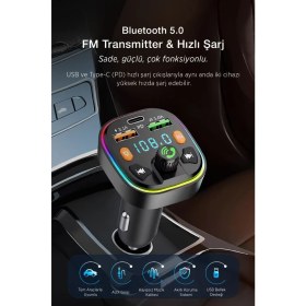 Resim Işıklı Bluetooth Fm Transmitter, Mp3 Çalar, Type-C Hızlı Şarj 