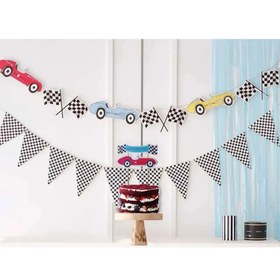 Resim Yarış Araçları Temalı 3'lü Set: Pasta Süsü, Duvar Banner ve Üçgen Damalı Bayrak 