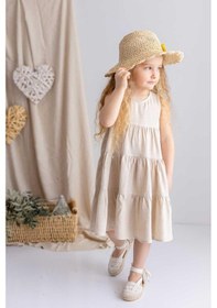 Resim Oliventhekid Bej Naturel Keten Robadan Büzgü Pileli Kolsuz Midi Kız Çocuk Elbise Bej Bej 