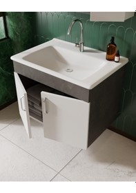 Resim Karen Banyo Gümüş 65 Cm Lavabolu Banyo Dolabı Retro Gümüş-beyaz Lavabo Dahil Gümüş 