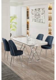 Resim Canisa Vals Serisi 80x130 Lak Panel Beyaz Mermer Desen Masa Takımı Krom Ayaklı 4 Antrasit Sandalye Masa Beyaz Mermer Desen Sandalye Antrasit 