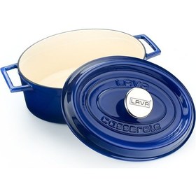 Resim Lava Döküm Oval Tencere 21x27 cm, İç Krem, Mavi 