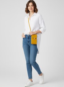 Resim Deriderim Sarı Hakiki Deri Çapraz Askılı Telefon Çantası Ve Kartlıklı Fermuarlı Kadın Çanta 