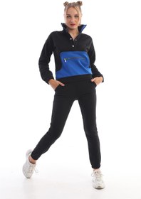 Resim Edelle Siyah Saks Kadın Eşofman Takımı Slim Fit Dik Yaka Fermuarlı Kanguru Cep 