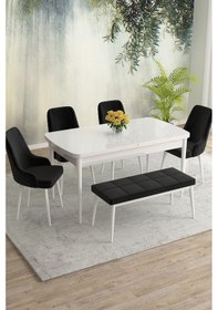 Resim Meri Serisi 80x132 Açılabilir Mdf Beyaz Masa Takımı 4 Siyah Sandalye 1 Bench Siyah 