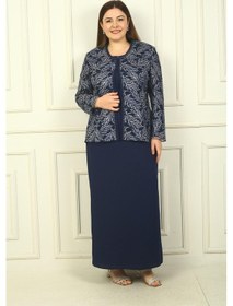 Resim By Saygı Yakası Boncuk Nakışlı Uzun Elbise Boncuk Pul Nakışlı Ceket Astarlı Büyük Beden 2'li Takım-38926 Lacivert 