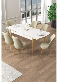 Resim Canisa Pale Serisi 80x132 Açılabilir Beyaz Mutfak Masa Takımı 6 Krem Sandalye Gold Detay Masa Beyaz Sandalye Krem Ayak Gold 