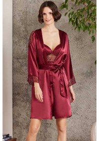 Resim Pierre Cardin Saten Gecelik Sabahlık Pijama Takım Şort Takım 6'lı Gelin Çeyiz Seti Bordo 001 