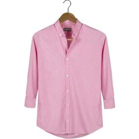 Resim Erkek Pembe Kalın Dik Çizgili Uzun Kollu Yakası Düğmeli Slim Fit Gömlek Pembe 