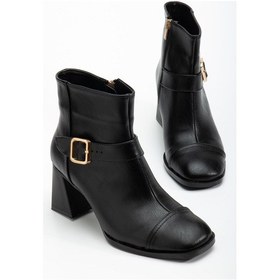 Resim Tpu Taban Kemer Toka Detaylı Fermuarlı Kadın Siyah Cilt Topuklu Bot Tbmr0162 Sıyah Cılt 