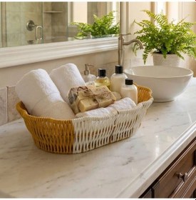 Resim Oval Çift Renkli Plastik Rattan Ekmek Ve Meyve Sepeti - Çok Amaçlı Banyo Ve Mutfak Düzenleyici - Yık Çok Renkli 