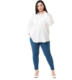 Resim Büyük Beden Gömlek Yaka Göğüsten Çift Cepli Beyaz Gömlek 