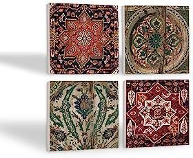 Resim Vintage Desen Taş Bardak Altlığı Seti - 4 Parça - Dekoratif, Rustik Mutfak Aksesuarı, 10x10 cm, Kaydırmaz Tabanlı, Şık ve Dayanıklı SC499 