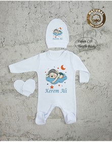 Resim yzc home size dair... Te41 Isimli Erkek Bebek Tulum Şapka Eldiven Hastane Çıkışı %100 Pamuk 