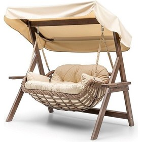 Resim Bafra Swing Ahşap Rattan Salıncak Dış Mekan Bahçe Balkon Ve Teras Salıncağı Bej 