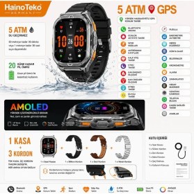 Resim Haino Teko GPS-3 Amoled Ekran Bluetooth GPS Konumlu 3 Kordonlu 5 ATM Gümüş Kasa Akıllı Saat 