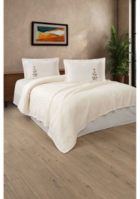 Resim Çift Kişilik 4 Parça Pike Takımı Çeyizlik, Pamuklu Pike Seti Legacy-krem Krem 