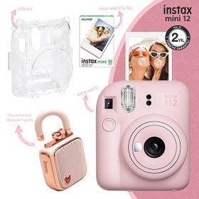 Resim Fujifilm Instax Mini 12 Pembe Fotoğraf Makinesi-10'lu Film-Şeffaf Kılıf ve Divoom LoveLock Mini Ses Kayıt Özel. Bluetooth Hoparlör 