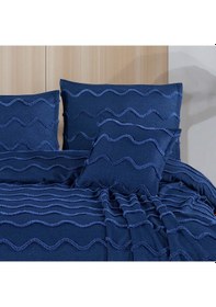 Resim Çift Kişilik Yatak Örtüsü Takımı 240x240 Cm + 2 Yastık Kılıfı + 1 Kırlent Kılıfı Lacivert 