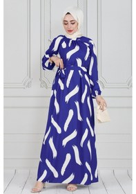 Resim Sevitli Fırça Desen Saten Tesettür Elbise-mavi-3597 - Mavi 