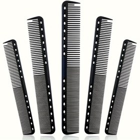 Resim 5 Adet Siyah Karbon Fiber Saç Şekillendirme Tarakları - İnce Dişli, Isıya Dayanıklı, Anti-Statik Tüm Saç Tipleri İçin, Asma Delikli Dayanıklı ABS Plastik Saplar, Saç Şekillendirme Araçları | Cilalı Bitiş | Karbon Fiber Taraklar 