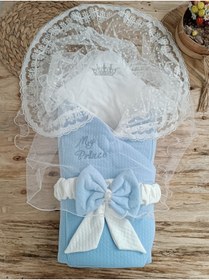 Resim Tomuycuk Mavi Erkek Bebek Battaniyesi Dantelli Kundak Hastane Çıkışı Yenidoğan %100 Doğal Pamuktan Hediyelik 