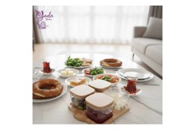 Resim Feyza Design Bambu Kapaklı 4'lü Cam Saklama Kabı Seti, Kare Kahvaltılık ve Baharatlık 