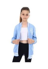 Resim Toontoy Kız Çocuk Kolej Yaka Fermuarlı Düşük Omuz Baskılı Örme Hırka - 2 İplik Mavi 