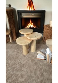 Resim 3 Lü Set Wood Wooden Minimalist Mantar Yan Sehpa Ahşap Modern Naturel Renk Kahverengi 