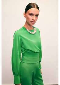 Resim Sateen Kolye Detaylı Crop Bluz - Yeşil 