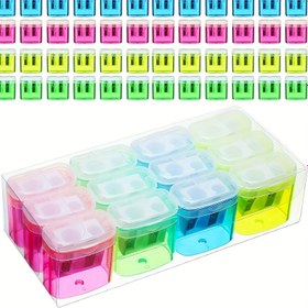 Resim 4 adet Yüksek Kaliteli Plastik Kalem İnceltme Makinesi Açık Kapaklarla - Çift Bölme Tasarımı, Çeşitli Renkler (Pembe, Mavi, Yeşil, Sarı) - Okul, Ofis ve Sanat Kullanımı İçin İdeal, Okul Kalem İnceltme Makineleri 