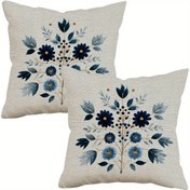 Resim 2'li Çağdaş Çiçek Nakışlı Atma Yastık Kılıfları, 45.72x45.72 cm, Fermuar Kapatma, Makinede Yıkanabilir, Polyester 100., Çeşitli Oda Tipleri için Dekoratif Yastık Kılıfları, Kumaş, Mavi ve Bej Çiçek Deseni, Dekoratif Yastıklar 